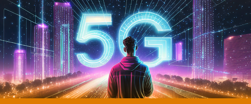 Banner 5G con ilustración futurista de un joven dando la espalda Banner 5G con ilustración futurista de un joven dando la espalda