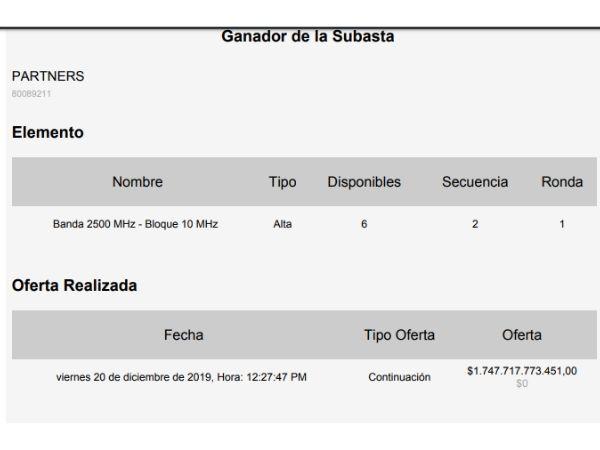 Esta fue la oferta de Partners por un bloque de 10 MHz en la frecuencia de 2.500 MHz  Foto: MinTic