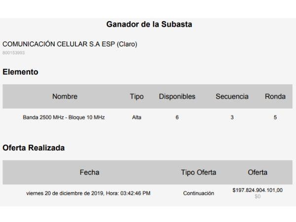 Esta es la oferta de Claro casi 10 veces menor a la hecha por Partners  Foto: MinTic