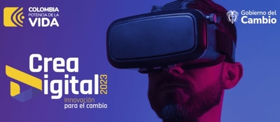 Banner de Crea Digital 2023 "Innovación para el cambia" con la foto de una persona usando un visor de realidad virtual