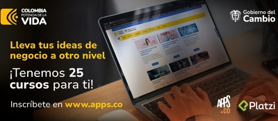 Banner con imagen de computador, logos de "Apps.CO", "Platzi", "Gobierno del cambio", "Colombia potencia la vida" y el texto "Tenemos 25 cursos para ti"