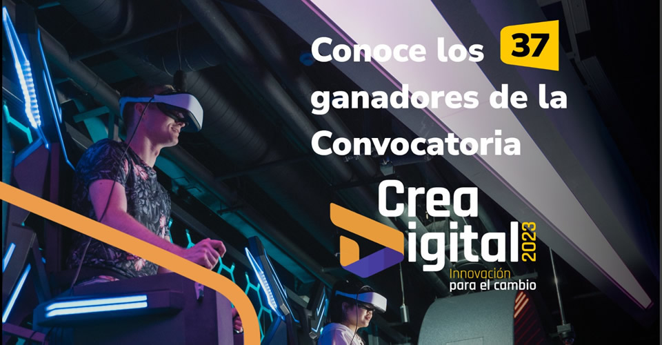 Banner de foto con joven en dispositivo de realidad virtual con el texto "Crea Digital 2023" y "Conoce los 37 ganadores de la convocatoria"