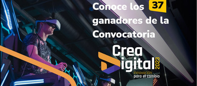 Banner de foto con joven en dispositivo de realidad virtual con el texto "Crea Digital 2023" y "Conoce los 37 ganadores de la convocatoria"