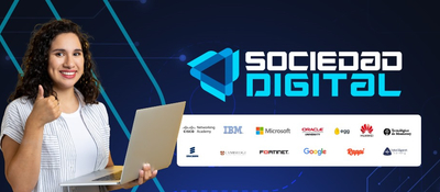 Banner con imagen de mujer y logos de los cursos, texto "Sociedad Digital"