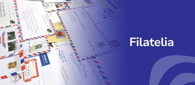Banner con estampillas del Club Filatélico de Bogotá con el texto "Filatelia"