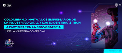 Banner con el logo Colombia 4.0 con una imagen de un hombre con unas gafas futuristas haciendo alusión a la participación en la "Convocatoria de la muestra comercial"