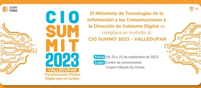 Banner "CIO Summit 2023, Valledupar" anunciando el evento por la Transformación Pública Digital para el Cambio