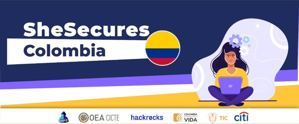 Imagen diseñada con la palabra SheSecures y logos de patrocinadores