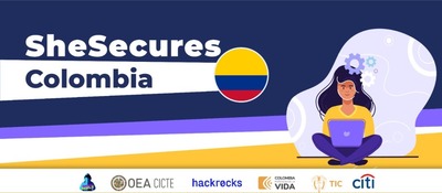 Imagen diseñada con la palabra SheSecures y logos de patrocinadores