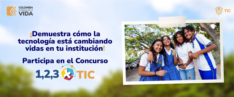 Banner de 1,2,3 x Tic junto a foto de estudiantes haciendo alusión a participar en un concurso