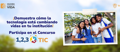 Banner de 1,2,3 x Tic junto a foto de estudiantes haciendo alusión a participar en un concurso