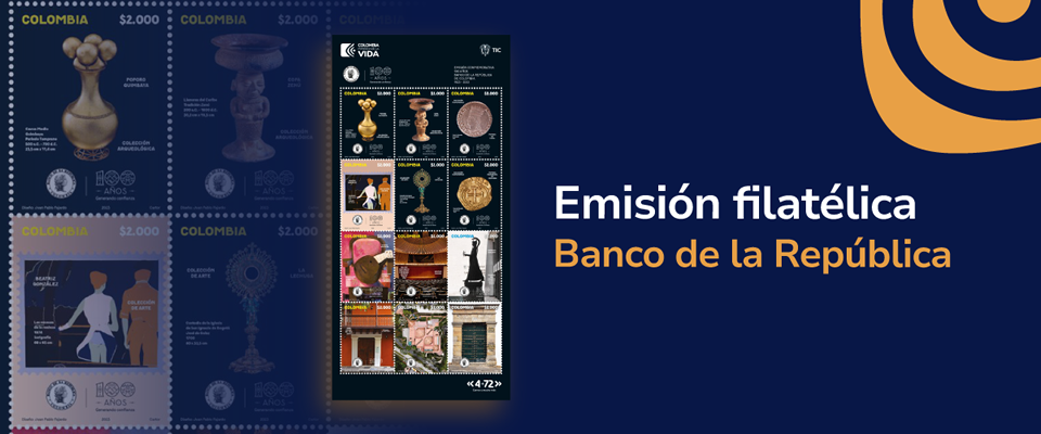 Banner de Emisión Filatélica Banco de la república junto a poster con varias estampillas