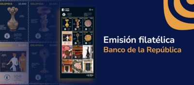 Banner de Emisión Filatélica Banco de la república junto a poster con varias estampillas