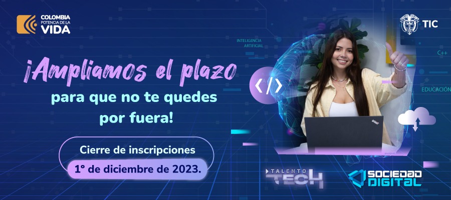 Banner de "Talento Tech" y "Sociedad Digital" ampliando el plazo de convocatoria junto a fotografía de una joven sonriendo con el pulgar arriba