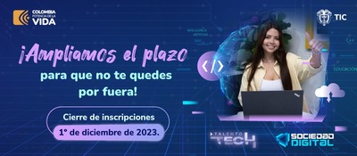 Banner de "Talento Tech" y "Sociedad Digital" ampliando el plazo de convocatoria junto a fotografía de una joven sonriendo con el pulgar arriba
