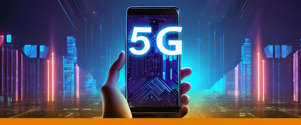 Banner con el logo "5G" acompañado de un celular sostenido por una mano