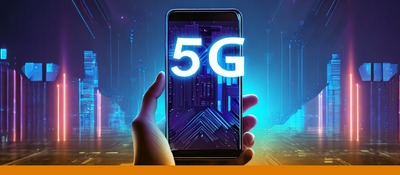 Banner con el logo "5G" acompañado de un celular sostenido por una mano