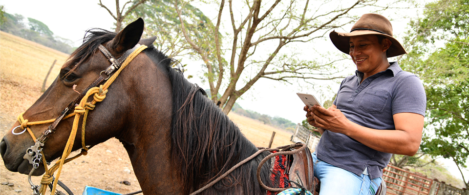 Foto de campesino montando a caballo y consultando su celular