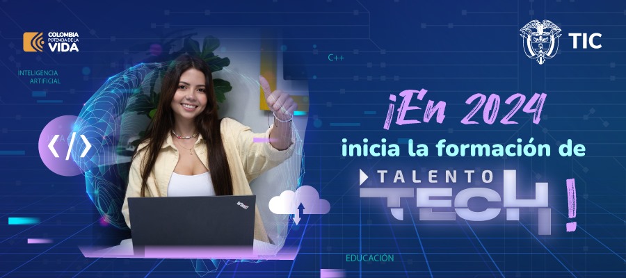 Imagen diseñada con una estudiante frente a un computador y el texto Talento Tech