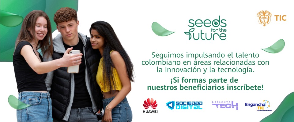 Imagen diseñada con jovenes compartiendo un móvil y al lado información de la convocatoria Seeds for the future