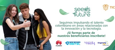 Imagen diseñada con jovenes compartiendo un móvil y al lado información de la convocatoria Seeds for the future