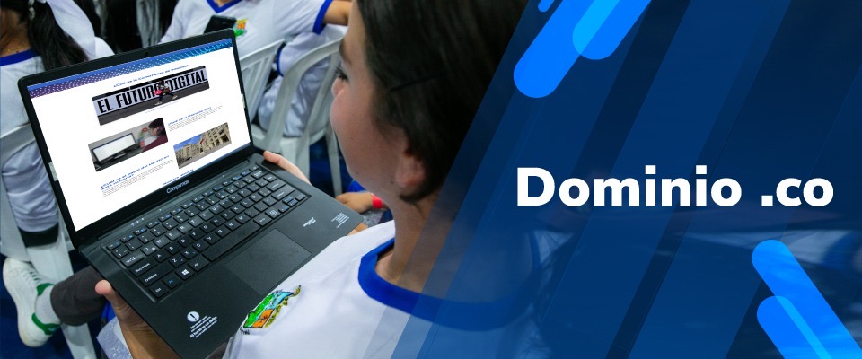 Imagen diseñada con la foto de un estudiante frente a un computador y el texto Dominio .CO