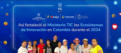 Imagen diseñada con logos aliados del Ministerio TIC y una foto de ciudadanos benefiacrios de los programas