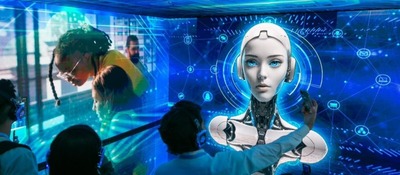 imagen diseñada con perosnas frente a un holograma imagen diseñada con perosnas frente a un holograma