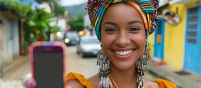 Foto de una joven afrocolombiana enseñando un celular Foto de una joven afrocolombiana enseñando un celular