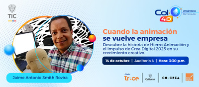 Imagen diseñada de colombia 4.0 Atlántico haciendo referecnia a speaker de animación