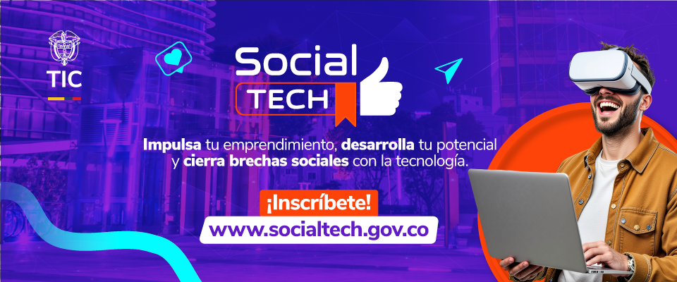 Imagen diseñada con el logo de Social Tech y una persona usando unas gafas de realidad virtual