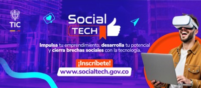 Imagen diseñada con el logo de Social Tech y una persona usando unas gafas de realidad virtual