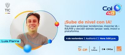 Imagen diseñada invitando a Col40 Bogotá y a la charla "sube tu nivel con IA"