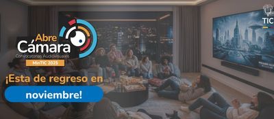 Imagen diseñada con el logo de Abre Cámara y una foto de fondo con espectadores