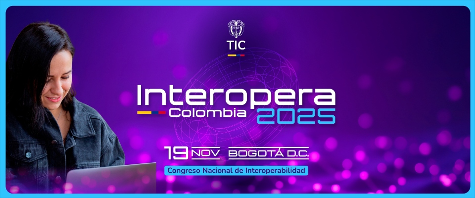 Imagen diseñada con el logo de Interopera 2025, una mujer frente a un computador y la fecha del evento: 19 de noviembre