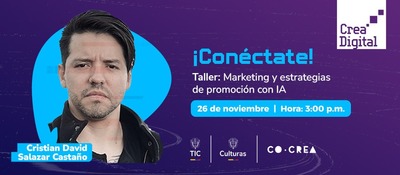 Imagen diseñada invitando al taller de marketing con IA juanto a la foto del speaker