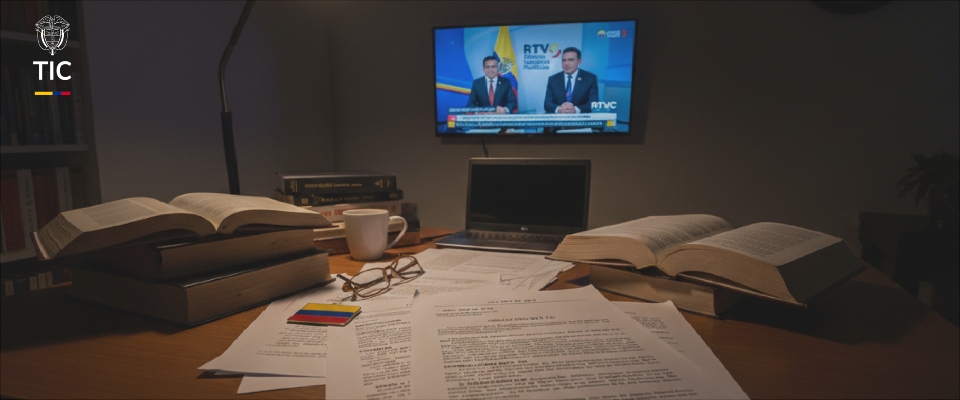Foto de un escritorio con documentos y al fondo un televisor