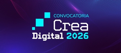 Banner con fondo degradado púrpura y azul que anuncia la convocatoria “Crea Digital 2026”. Presenta tipografía moderna en blanco y cian, con elementos cuadrados decorativos de estilo tecnológico.