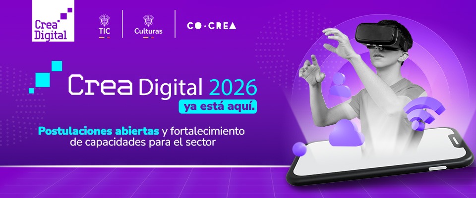 Pieza gráfica de Crea Digital 2026 con logos institucionales y una persona usando gafas de realidad virtual sobre un celular, símbolo de innovación creativa
