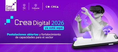 Pieza gráfica de Crea Digital 2026 con logos institucionales y una persona usando gafas de realidad virtual sobre un celular, símbolo de innovación creativa