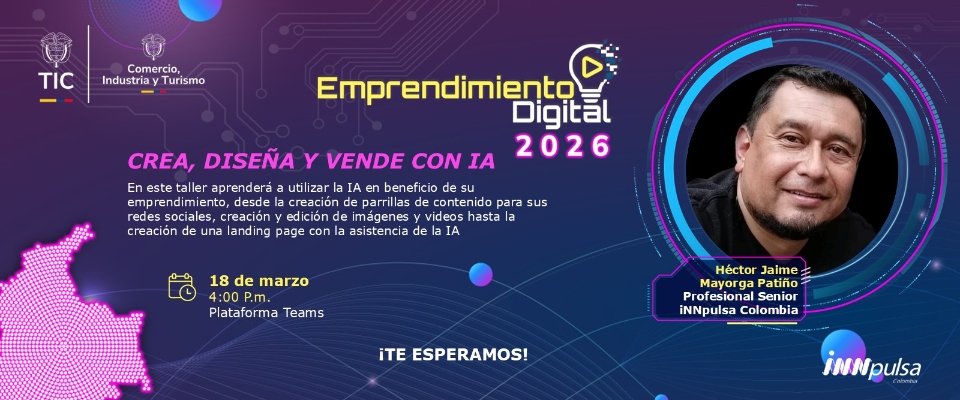 Banner de prmocion de la iniciativa Empredimiento Digital 2026, con color morado de Fondo y la foto de un presentador