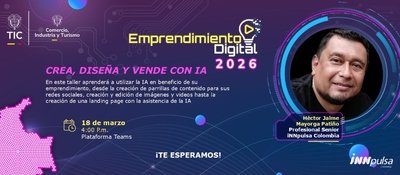 Banner de prmocion de la iniciativa Empredimiento Digital 2026, con color morado de Fondo y la foto de un presentador