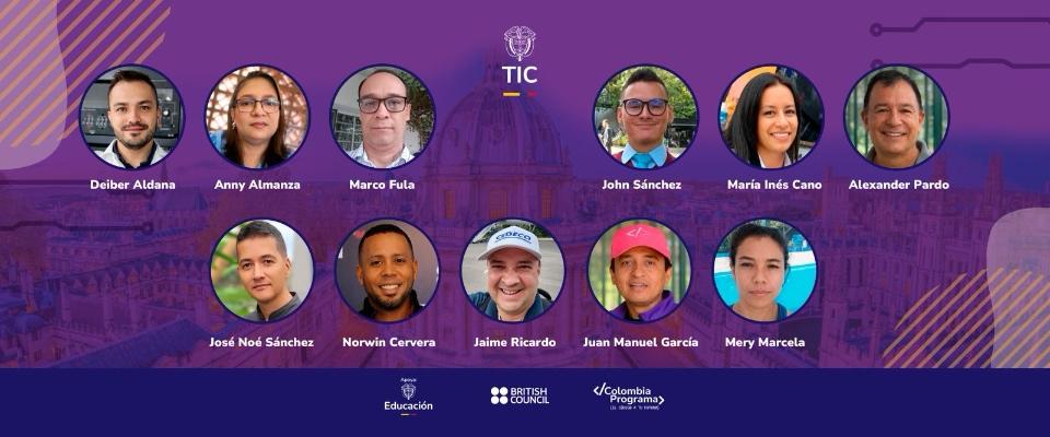 Banner morado con fotos circulares de 11 docentes colombianos. Anuncia viaje al Reino Unido por liderazgo en pensamiento computacional.