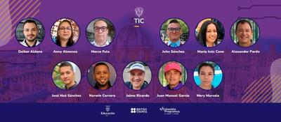 Banner morado con fotos circulares de 11 docentes colombianos. Anuncia viaje al Reino Unido por liderazgo en pensamiento computacional.