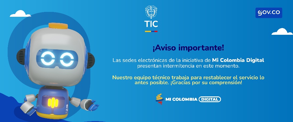 Ilustración de robot y aviso del MinTIC: plataforma Mi Colombia Digital presenta fallas; equipo técnico trabaja en restablecer el servicio