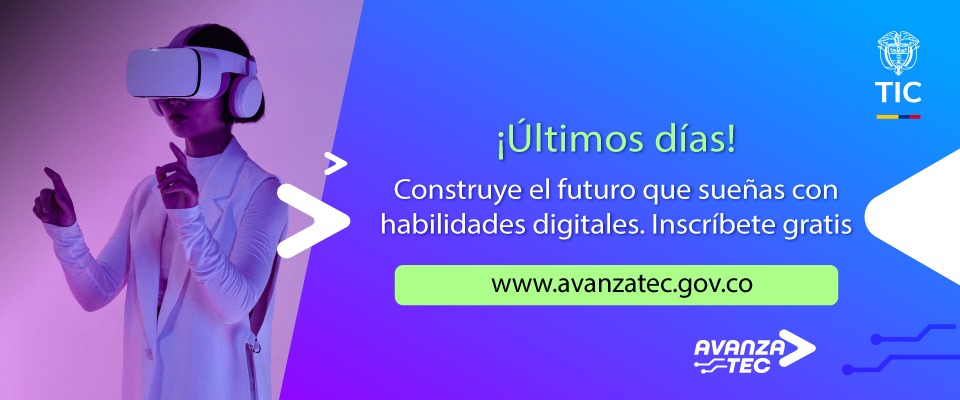 Persona con gafas de realidad virtual en fondo morado y azul. Texto invita a formarse en habilidades digitales con AvanzaTEC