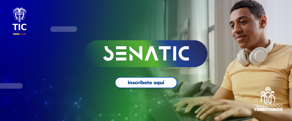 Dos jóvenes sonríen de espaldas, cada uno con celular; fondo azul y verde con logos TIC, SENA y OIT promociona SENATIC