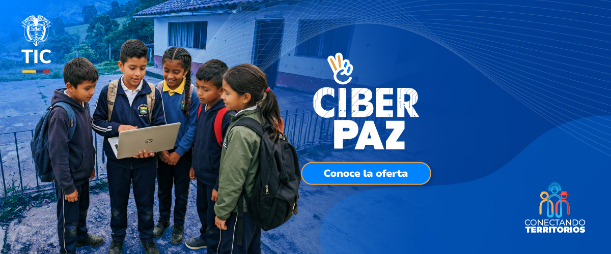 Dos niños con mochilas sonríen mientras usan un portátil. Fondo azul con logos TIC y CiberPaz y mensaje sobre ciudadanía digital segura