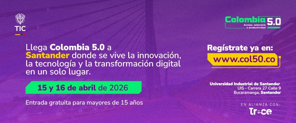 Afiche morado anuncia Colombia 5.0 en Santander, con fechas 15 y 16 de abril de 2026, evento de innovación y tecnología