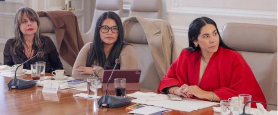 Tres mujeres en mesa de reunión oficial escuchan atentas; hay micrófonos y documentos, en un entorno institucional.